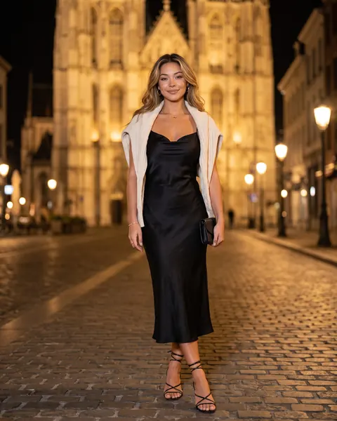 AI-generated character Elise on a lit-up old-town square at night, in a black satin slip dress with the cream sweater over her shoulders