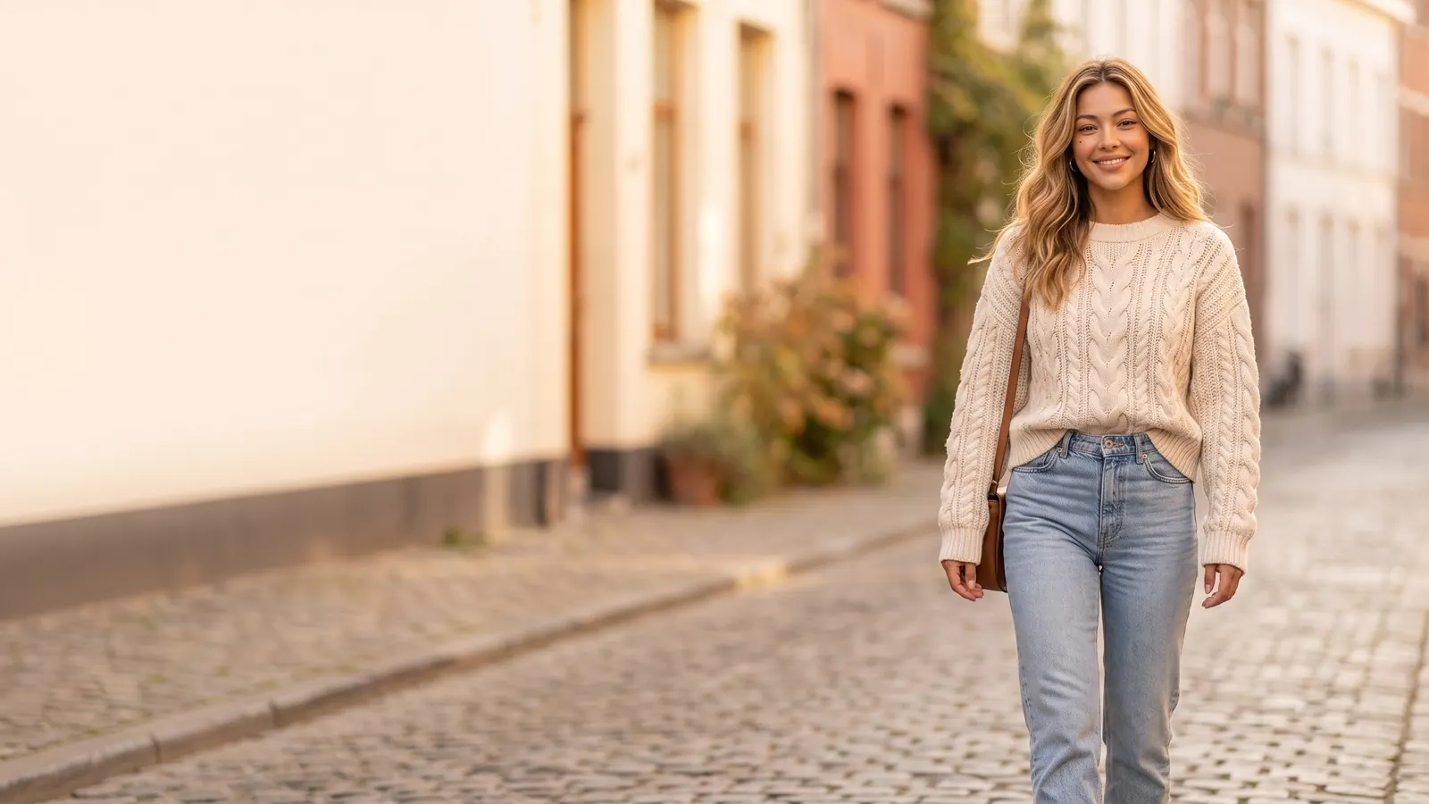 Elise, an AI-generated character, walking down a sunny cobbled street in a cream cable-knit sweater, light jeans and a tan bag
