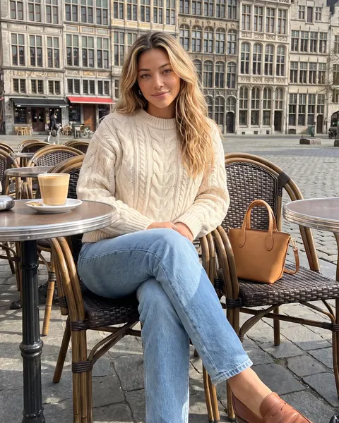 AI-generated character Elise at a café terrace in front of old guild houses, wearing a cream cable-knit sweater, light jeans and tan loafers