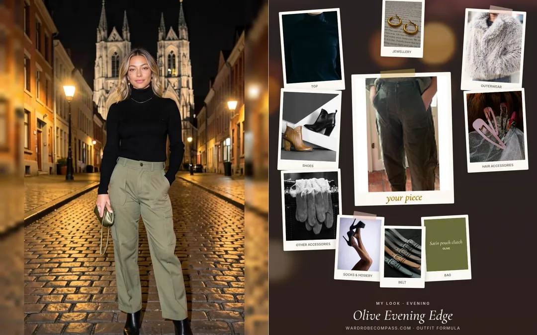 Second example, Olive Evening Edge: on the left an AI image of Elise, our AI-generated character, wearing a black ribbed turtleneck tucked into olive green wide-leg cargo trousers, black heeled ankle boots, small gold earrings and a fine gold necklace, holding an olive satin clutch, on a cobbled old-town street at night with a lit Gothic cathedral behind her; on the right the mood board with the uploaded olive trousers in the middle and the suggested pieces around it.