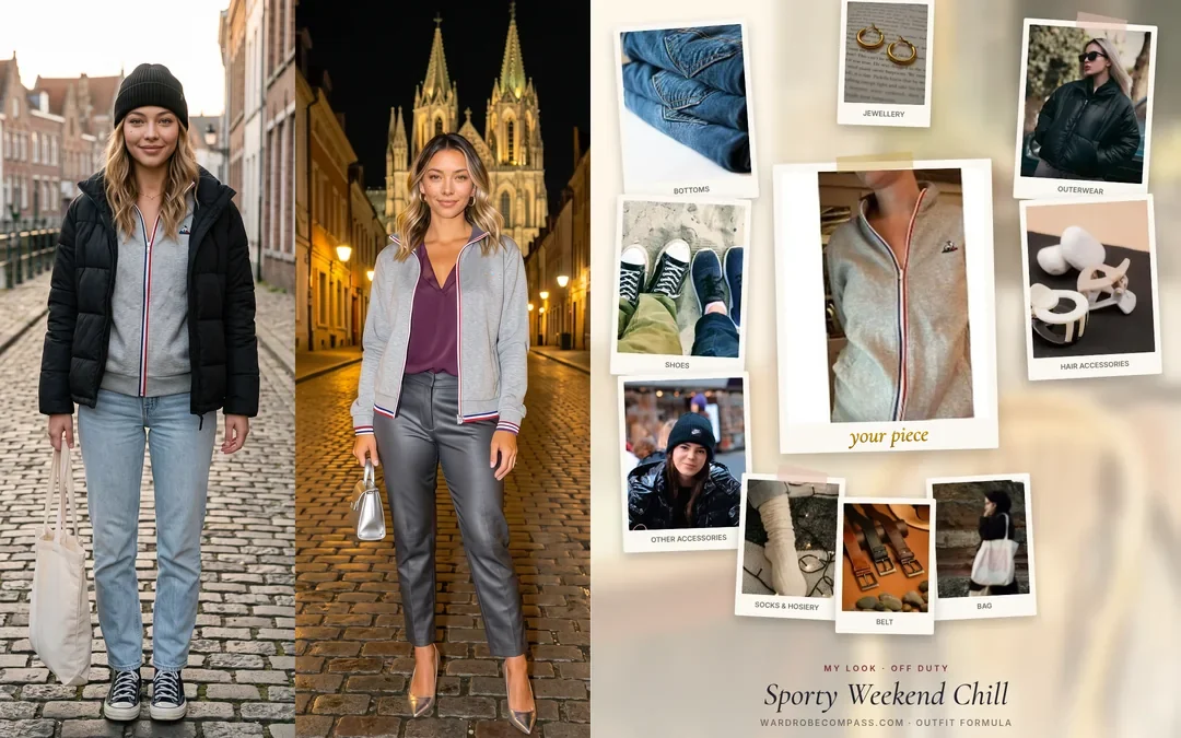 Example result, one jacket worn two ways: on the left two AI images of Elise, our AI-generated character, side by side. Day look: a grey full-zip track jacket with a black puffer jacket worn open over it, light jeans, black high-top sneakers, a beanie and a canvas tote on a cobbled street. Evening look: the same grey zip-up track jacket open over a plum blouse, with charcoal leather trousers, metallic pointed heels and a silver handbag, on a cobbled old-town street at night with a lit Gothic cathedral behind her. On the right the mood board with the uploaded jacket photo in the middle and the suggested pieces around it.